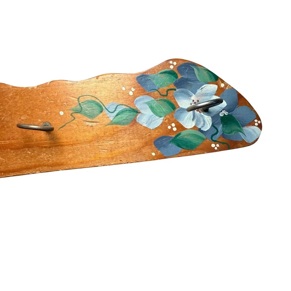 Vintage Hand Painted Wood Wall Hook Rack Floral Cottagecore Decor